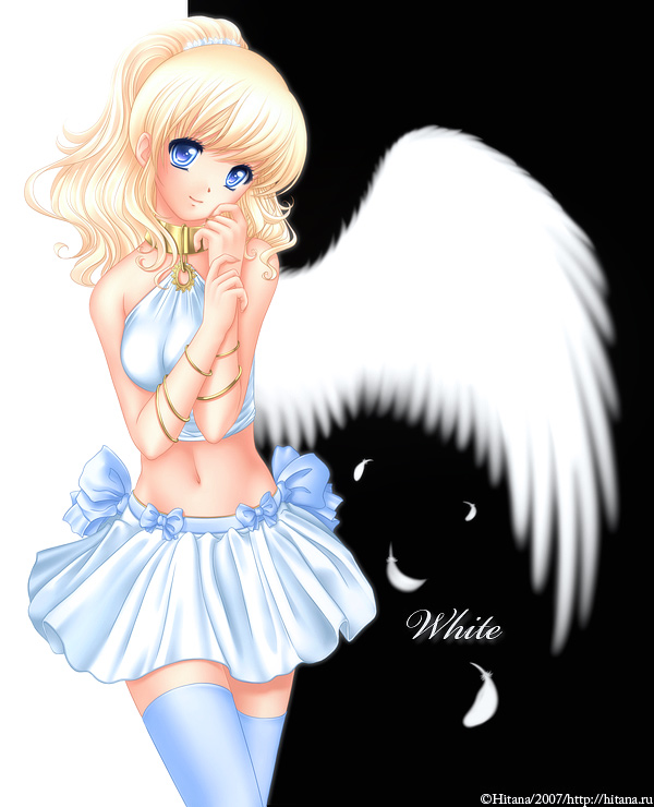 hitana, original, 1girl, angel, angel wings, artist name, bare shoulders, blonde hair, blue eyes, female focus, midriff, solo, thighhighs, wings, zettai ryouiki