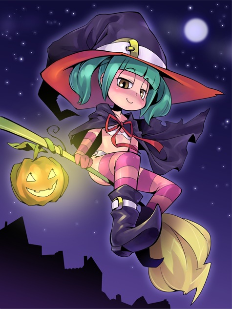 cinnamon (marshmallow times), marshmallow times, 1girl, broom, broom riding, cape, female focus, full moon, green hair, halloween, hat, moon, night, sidesaddle, solo, striped clothes, striped thighhighs, thighhighs, witch, witch hat