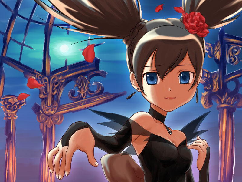 hajime (caramel toone), kuromi, kurumi nui, onegai my melody, sanrio, 00s, 1girl, black hair, blue eyes, female focus, flower, solo, twintails