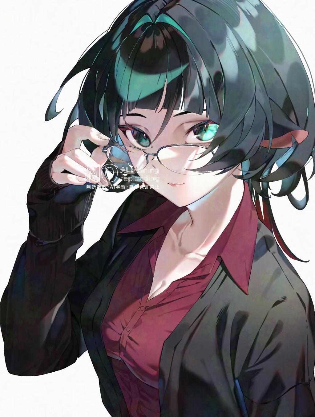 noi noakei, jane doe (zenless zone zero), zenless zone zero, highres, 1girl, animal ears, black hair, black jacket, blue eyes, business casual, business suit, closed mouth, formal clothes, glasses, jacket, mouse ears, mouse girl, red shirt, shirt, solo, standing, suit, white background