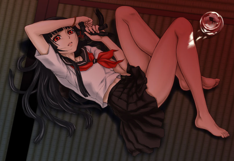 hajime (caramel toone), enma ai, jigoku shoujo, 00s, 1girl, barefoot, black hair, blunt bangs, feet, female focus, fish, hime cut, legs, long legs, red eyes, school uniform, serafuku, soles, solo, straw doll, toes