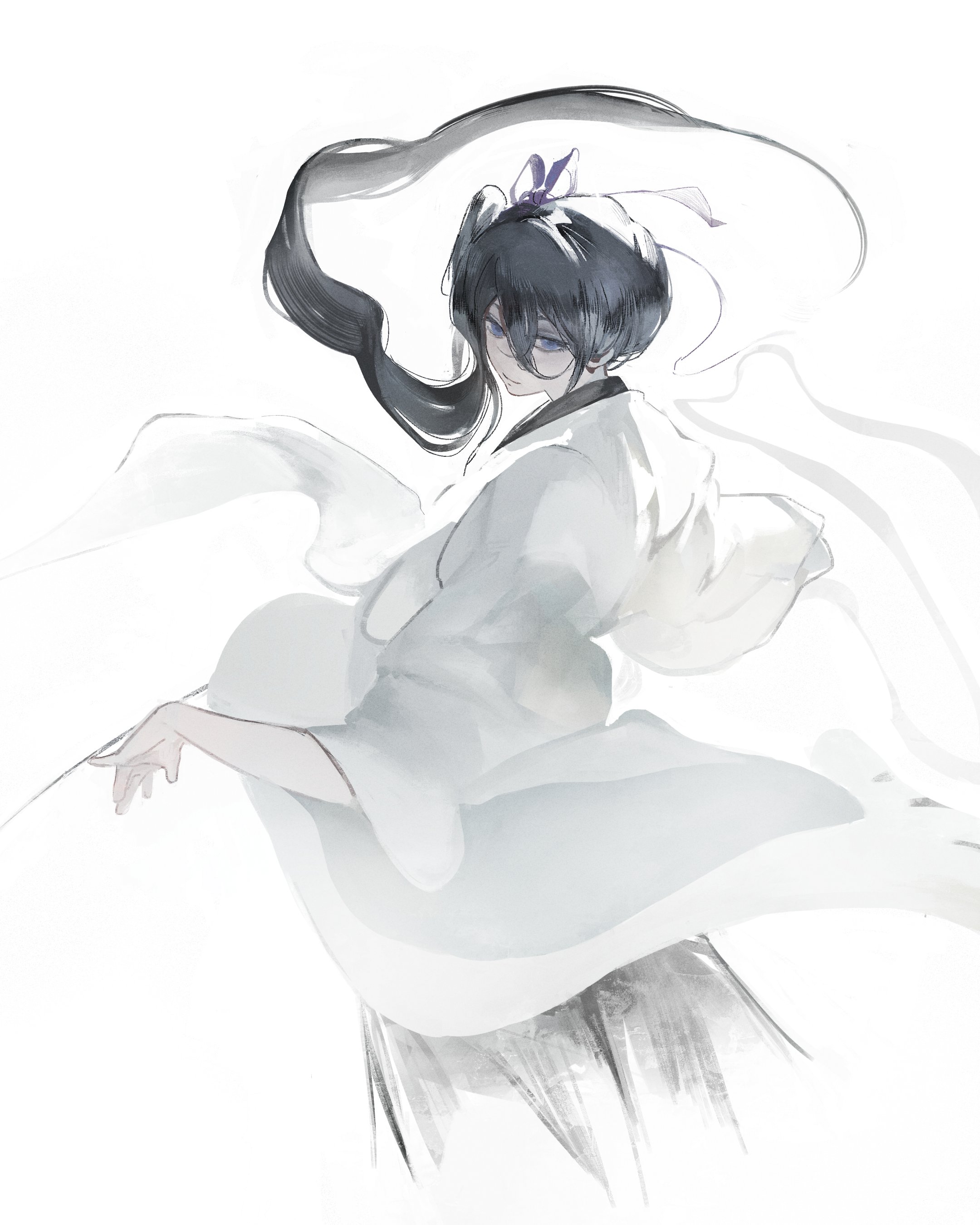 kanji (nievart), kuchiki rukia, bleach, absurdres, highres, 1girl, black hair, blue eyes, double-parted bangs, hair between eyes, hair ornament, japanese clothes, kimono, solo focus, white background