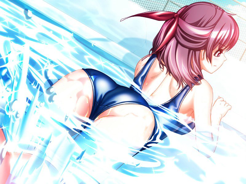 hiide, yuzuki iori, yotsunoha, game cg, 00s, 1girl, ass, bent over, cameltoe, chain-link fence, dutch angle, fence, from behind, frown, hair ribbon, one-piece swimsuit, pool, red eyes, red hair, ribbon, school swimsuit, shiny clothes, short hair, splashing, swimsuit, water