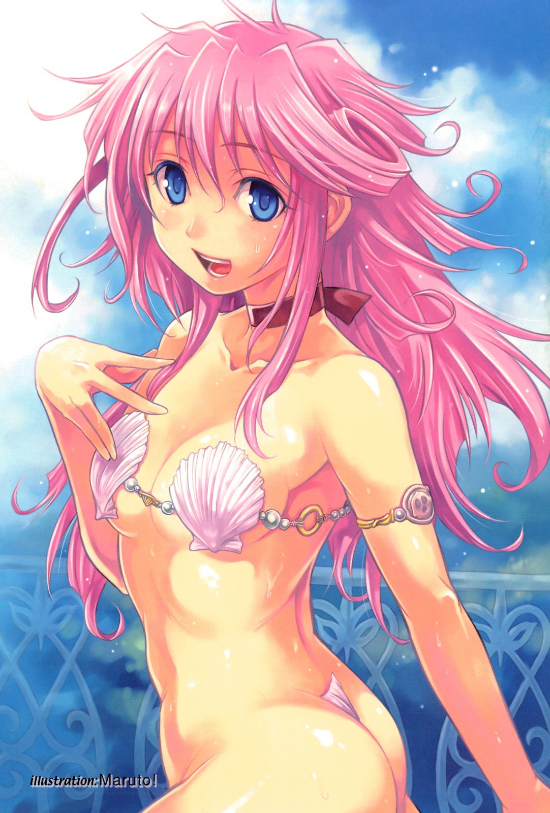 maruto!, hanny, sill plain, alice soft, rance (series), highres, 1girl, armlet, artist name, ass, bikini, blue eyes, breasts, choker, collarbone, day, female focus, flat ass, jewelry, long hair, maebari, medium breasts, open mouth, panties, pink bikini, pink hair, ribbon choker, seashell, shell, shell bikini, sky, smile, solo, swimsuit, thong, thong bikini, underwear, wet