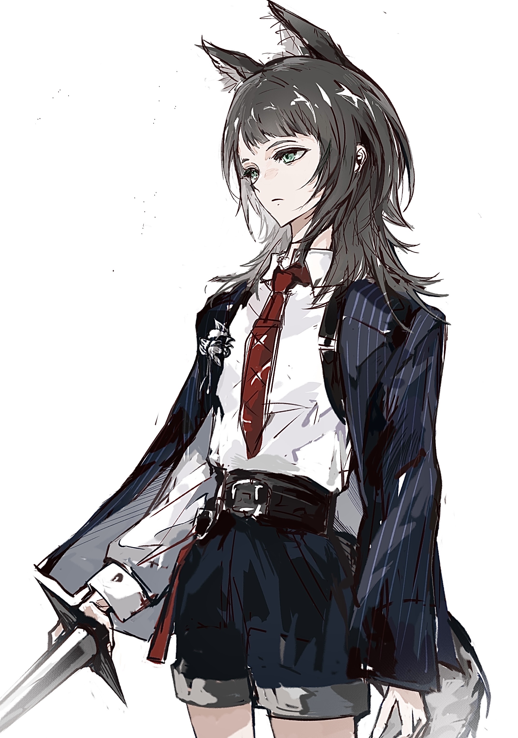 yahata umiri, arknights, bang dream!, bang dream! it's mygo!!!!!, absurdres, chinese commentary, commentary request, highres, 1girl, animal ear fluff, animal ears, black hair, black jacket, black shorts, closed mouth, collared shirt, cowboy shot, da lai bulusi, green eyes, holding, holding weapon, jacket, kemonomimi mode, long sleeves, medium hair, necktie, open clothes, open jacket, red necktie, shirt, shorts, simple background, solo, standing, tail, weapon, white background, white shirt, wolf ears, wolf girl, wolf tail, yahata umiri (moonlight executioner)