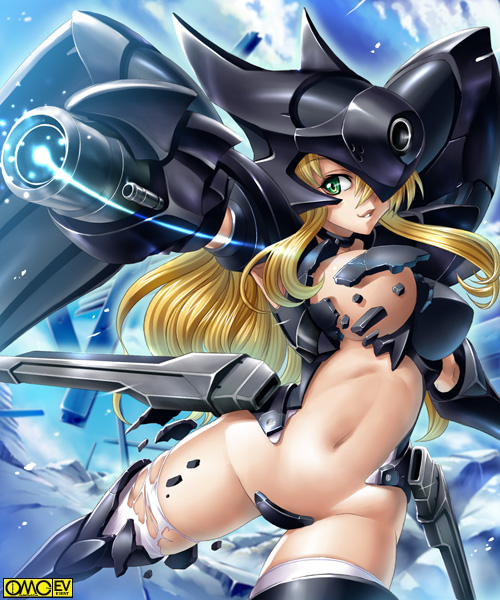 buster, kagami hirotaka, omc, farna shinguu, tokyo kaidan, 1girl, arm cannon, armor, bikini armor, blonde hair, boots, breast slip, breastplate, breasts, censored, cloud, convenient censoring, crotch plate, damaged, day, dutch angle, female focus, fighting stance, flying, glowing, greaves, green eyes, grin, groin, hair between eyes, helmet, large breasts, light trail, long hair, looking at viewer, mecha musume, midriff, navel, one breast out, open clothes, outdoors, outstretched arms, skindentation, sky, smile, solo, spread arms, thigh boots, thighhighs, torn clothes, torn thighhighs, very long hair, weapon, white thighhighs, wide hips, wings