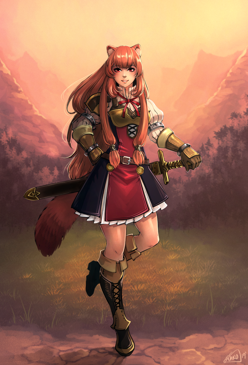 raphtalia, tate no yuusha no nariagari, commentary, english commentary, 1girl, animal ear fluff, animal ears, armor, armored boots, armored gloves, artist name, belt, black dress, blunt bangs, boots, breastplate, breasts, brown belt, brown boots, brown gloves, brown hair, collared dress, dated, dress, dusk, elbow gloves, eyelashes, full body, gloves, hand on hilt, hand on own hip, high collar, knee boots, layered dress, leather armor, leg up, lips, long hair, long sleeves, lyrminas, medium breasts, metal arm cuffs, metal hair tubes, metal wrist cuffs, mountainous horizon, neck ribbon, outdoors, parted lips, pauldrons, raccoon ears, raccoon girl, raccoon tail, red dress, red eyes, red ribbon, ribbon, scabbard, scenery, sheath, sheathed, shiny skin, short dress, shoulder armor, signature, single pauldron, sleeveless, sleeveless dress, smile, solo, standing, standing on one leg, straight-on, straight hair, sword, tail, two-tone dress, weapon, white dress