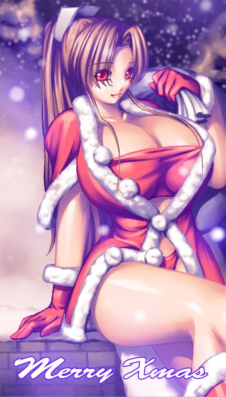 shiranui mai, fatal fury, snk, the king of fighters, 1girl, breasts, brown hair, christmas, cleavage, female focus, gloves, huge breasts, long hair, ponytail, red gloves, santa costume, sitting, snow, snowing, solo