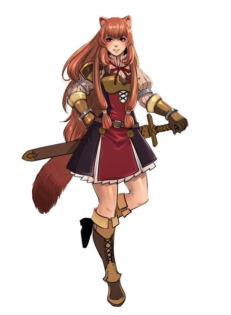 raphtalia, tate no yuusha no nariagari, commentary, english commentary, 1girl, animal ear fluff, animal ears, armor, armored boots, armored gloves, belt, black dress, blunt bangs, boots, breastplate, breasts, brown belt, brown boots, brown gloves, brown hair, collared dress, dress, elbow gloves, eyelashes, full body, gloves, hand on hilt, hand on own hip, high collar, knee boots, layered dress, leather armor, leg up, lips, long hair, long sleeves, lyrminas, medium breasts, metal arm cuffs, metal hair tubes, metal wrist cuffs, neck ribbon, parted lips, pauldrons, raccoon ears, raccoon girl, raccoon tail, red dress, red eyes, red ribbon, ribbon, scabbard, sheath, sheathed, shiny skin, short dress, shoulder armor, simple background, single pauldron, sleeveless, sleeveless dress, smile, solo, standing, standing on one leg, straight-on, straight hair, sword, tail, transparent background, two-tone dress, weapon, white dress