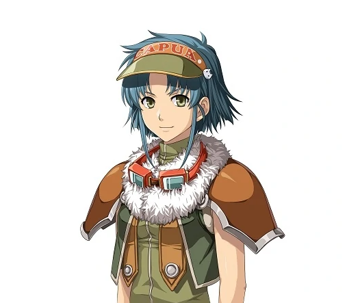 josette capua, akatsuki no kiseki, eiyuu densetsu, sora no kiseki, official art, third-party source, variant set, 1girl, armor, blue hair, curtained hair, fingerless gloves, full body, fur trim, gloves, goggles, goggles around neck, green eyes, green shirt, green vest, leather, leather gloves, light smile, looking at viewer, parted bangs, shirt, short hair, shoulder armor, solo, standing, vest, visor cap