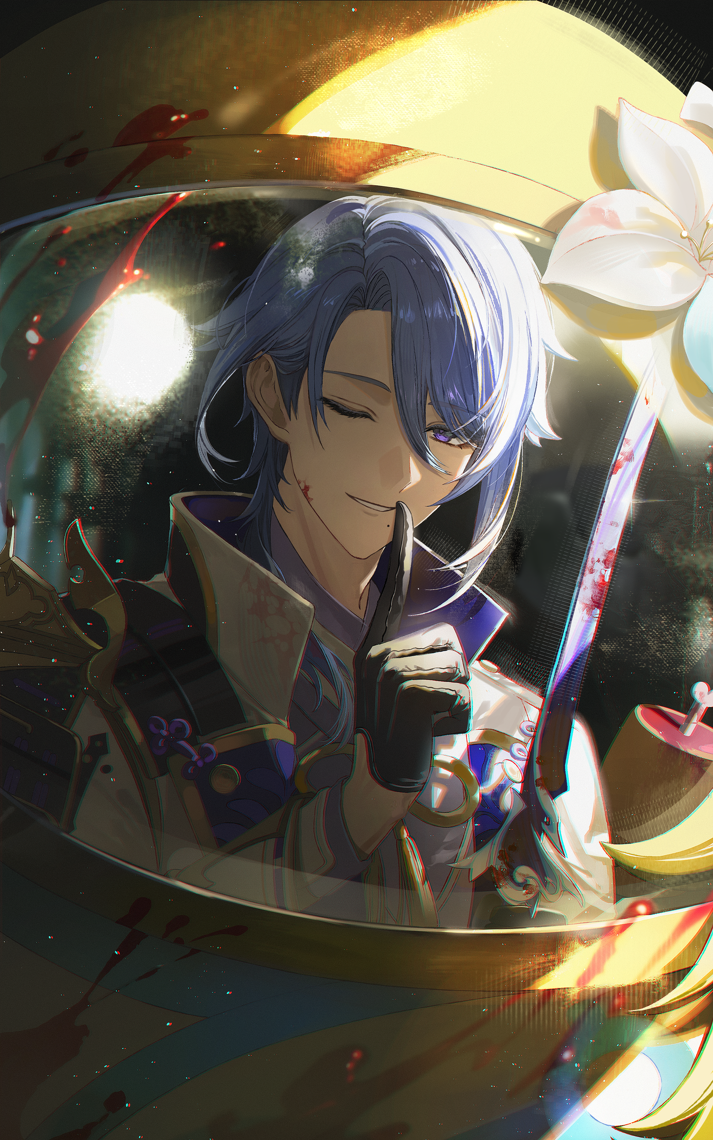 isobe47, crewmate (among us), dead body (among us), kamisato ayato, lumine (genshin impact), among us, genshin impact, absurdres, bilingual commentary, highres, mixed-language commentary, 1boy, 1girl, armor, asymmetrical armor, asymmetrical hair, black armor, black gloves, blood, blood on clothes, blood on face, bloody weapon, blue hair, chromatic aberration, crossover, curtained hair, finger to mouth, flower, glint, gloves, hair behind ear, hair between eyes, hair over shoulder, half gloves, hand up, haran geppaku futsu (genshin impact), holding, holding sword, holding weapon, index finger raised, jacket, japanese armor, light particles, long sleeves, male focus, medium hair, mole, mole under mouth, one eye closed, parted bangs, popped collar, purple eyes, purple shirt, reflection, reflection focus, shirt, shoulder armor, single sode, smile, sode, sword, weapon, white flower, white jacket