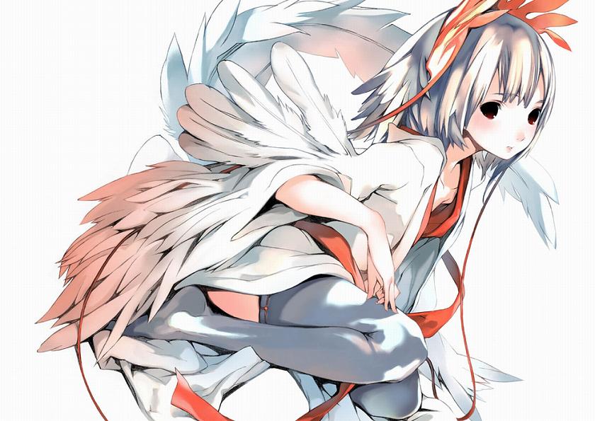 houden eizou, 1girl, blonde hair, feathers, female focus, solo, thighhighs, wings
