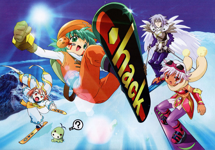 balmung, balmung (.hack//), grunty, kunisaki rena, kunisaki shugo, mireille (.hack//), shugo, .hack//, .hack//tasogare no udewa densetsu, bandai, cyber connect 2, silver hair, 00s, 2boys, 2girls, angel wings, aqua hair, armor, bracelet, copyright name, dark skin, foreshortening, goggles, green eyes, happy, hat, jewelry, multiple boys, multiple girls, pantyhose, pink hair, purple hair, red eyes, scarf, short hair, skiing, skis, snowboard, tattoo, wings