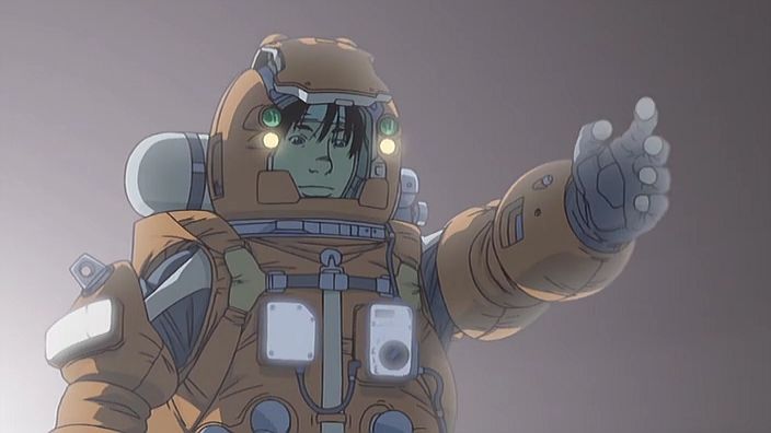 hoshino hachirouta, planetes, 1boy, astronaut, black gloves, bodysuit, glass, gloves, grey background, helmet, hoshino hatchirota, male focus, outstretched arm, simple background, solo, spacesuit, transparent, upper body