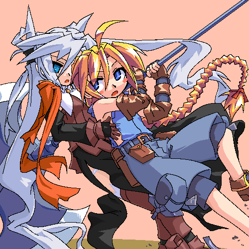 mof, girl with a blonde braid (tomoshibi hidekazu), mof's silver haired twintailed girl, redrantem's orange haired girl, original, lowres, 2girls, axe, blush stickers, borrowed character, braid, multiple girls, oekaki, single braid, weapon
