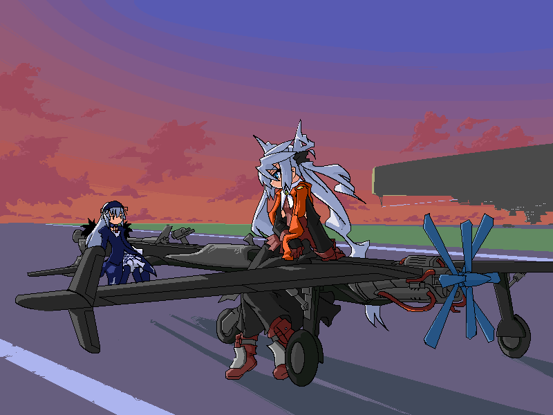 mof, mof's silver haired twintailed girl, suigintou, original, rozen maiden, blue legwear, brown footwear, 00s, 2girls, aircraft, airplane, blouse, blue dress, blue eyes, cloud, dress, hairband, long hair, multiple girls, oekaki, plait, propeller, red eyes, road, scarf, shadow, shirt, shoes, sitting, street, sunset, unused tire, white hair