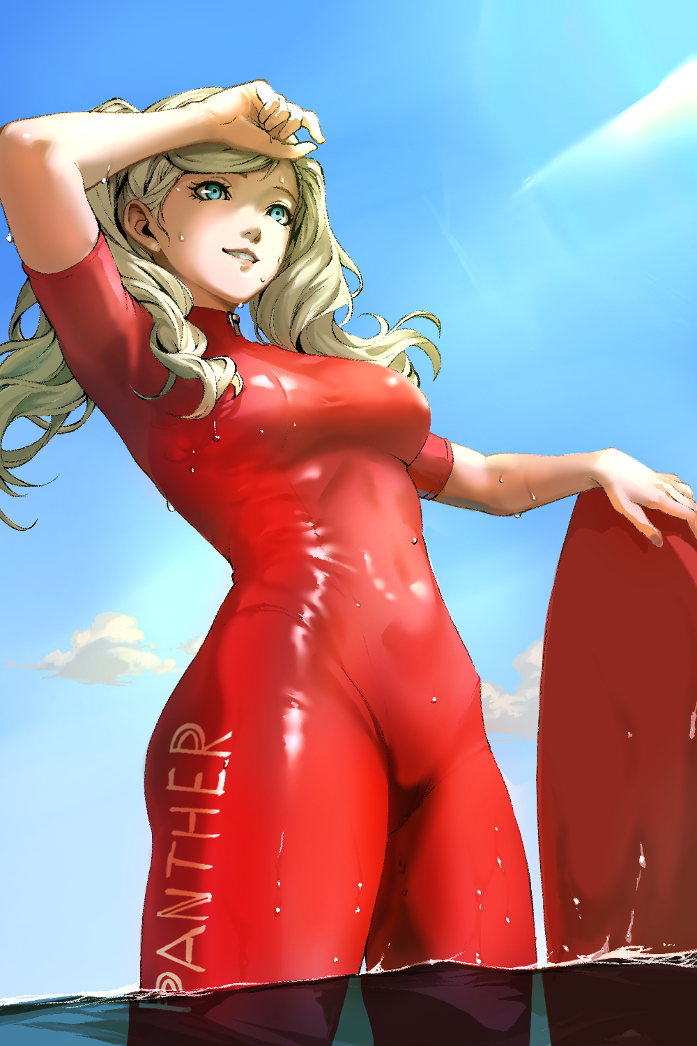 macossa, takamaki anne, persona, persona 5, commentary request, highres, 1girl, blonde hair, blue eyes, blue sky, blush, bodysuit, breasts, cloud, covered navel, cowboy shot, day, dripping, eyelashes, holding, holding surfboard, long hair, medium breasts, outdoors, parted lips, pink lips, red bodysuit, skin tight, sky, smile, solo, standing, sunlight, surfboard, swimsuit, teeth, twintails, wading, wet, wet clothes, wet hair