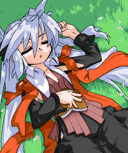 mof, mof's silver haired twintailed girl, original, lowres, book, closed eyes, oekaki, sleeping, solo