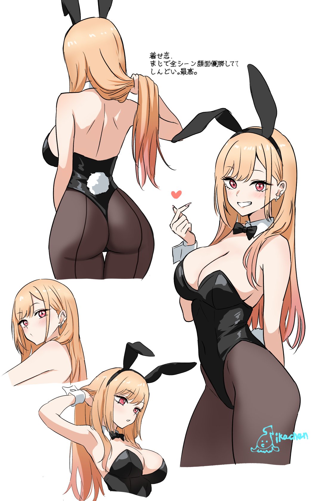 ikachan (norach57), kitagawa marin, sono bisque doll wa koi wo suru, highres, 1girl, ass, back, backless leotard, barbell piercing, black bow, black bowtie, black leotard, blonde hair, bow, bowtie, breasts, cropped legs, cropped torso, earrings, finger heart, grin, jewelry, large breasts, leotard, long hair, multiple views, pantyhose, piercing, playboy bunny, rabbit tail, red eyes, simple background, smile, tail, very long hair, white background, wrist cuffs