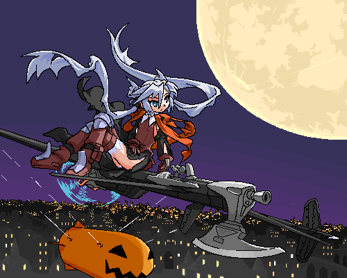 mof, mof's silver haired twintailed girl, original, lowres, 1girl, female focus, flying, full moon, moon, oekaki, solo, thighhighs