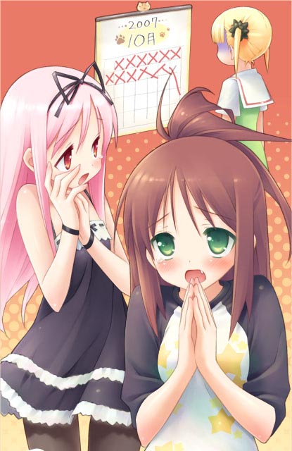 himemiya ruri, hoshino erika, suzumura azami, garden (game), 3girls, blonde hair, brown hair, calendar, calendar (object), dress, fang, green eyes, long hair, moeboard, multiple girls, pantyhose, pink hair, raglan sleeves, red eyes, school uniform, serafuku, shirt, t-shirt