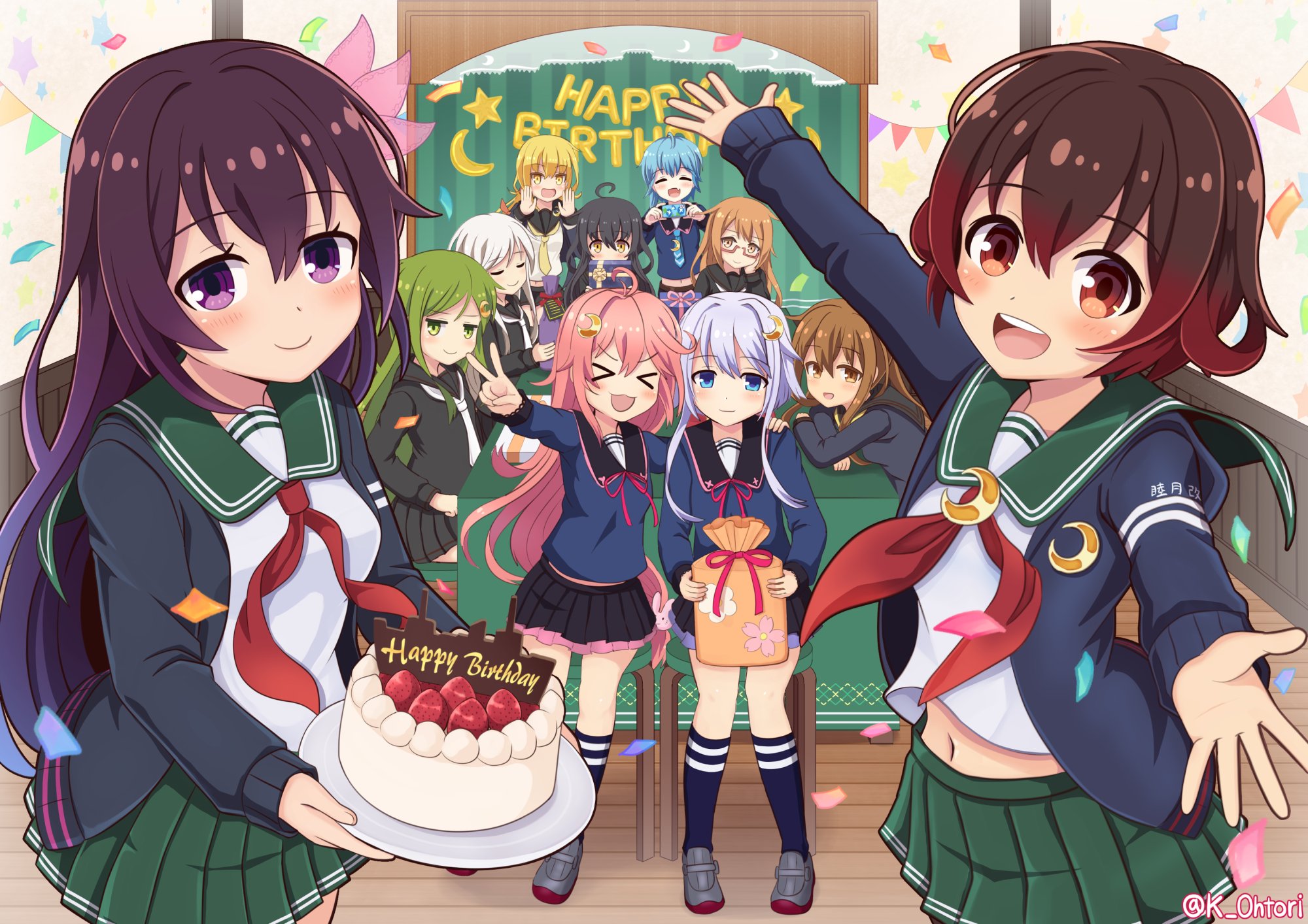 ootori (kyoya-ohtori), fumizuki (kancolle), fumizuki kai ni (kancolle), kikuzuki (kancolle), kisaragi (kancolle), kisaragi kai ni (kancolle), mikazuki (kancolle), minazuki (kancolle), mochizuki (kancolle), mutsuki (kancolle), mutsuki kai ni (kancolle), nagatsuki (kancolle), satsuki (kancolle), satsuki kai ni (kancolle), uzuki (kancolle), yayoi (kancolle), kantai collection, highres, 6+girls, birthday cake, black socks, blue jacket, brown eyes, cake, chair, confetti, crescent, crescent pin, food, gradient hair, green sailor collar, green skirt, happy birthday, jacket, multicolored hair, multiple girls, necktie, purple hair, red eyes, red necktie, sailor collar, shirt, skirt, smile, socks, white shirt