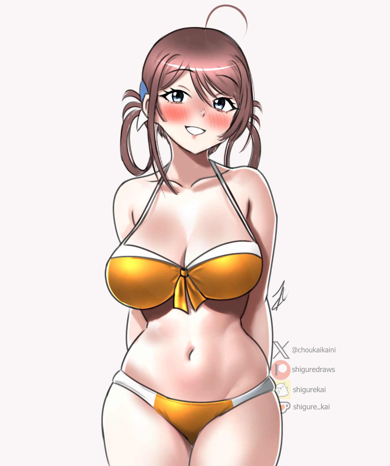shigure (choukaikaini), chougei (kancolle), chougei (swimsuit) (kancolle), kantai collection, commentary, english commentary, highres, 1girl, ahoge, arms behind back, bikini, breasts, brown hair, cleavage, front-tie bikini top, front-tie top, grey eyes, hair rings, large breasts, long hair, looking at viewer, multicolored bikini, official alternate costume, one-hour drawing challenge, orange bikini, solo, swimsuit, two-tone bikini, watermark, white background