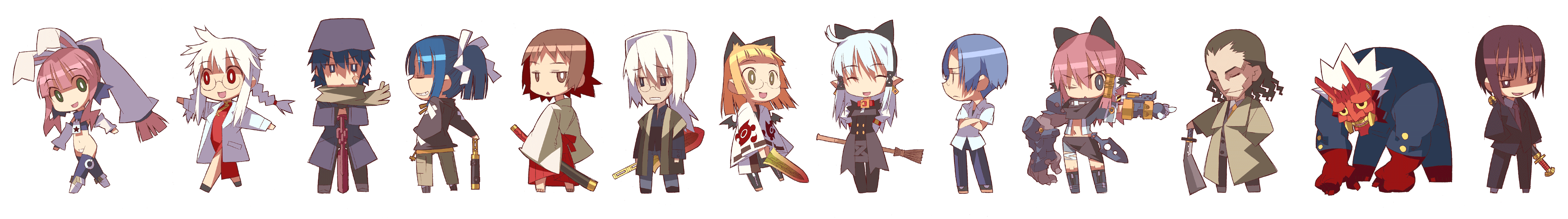 himukai yuuji, original, absurdres, highres, long image, wide image, 5boys, 6+girls, blue hair, broom, chibi, long hair, multiple boys, multiple girls, pink hair, ponytail, short hair, sword, thighhighs, weapon, white hair