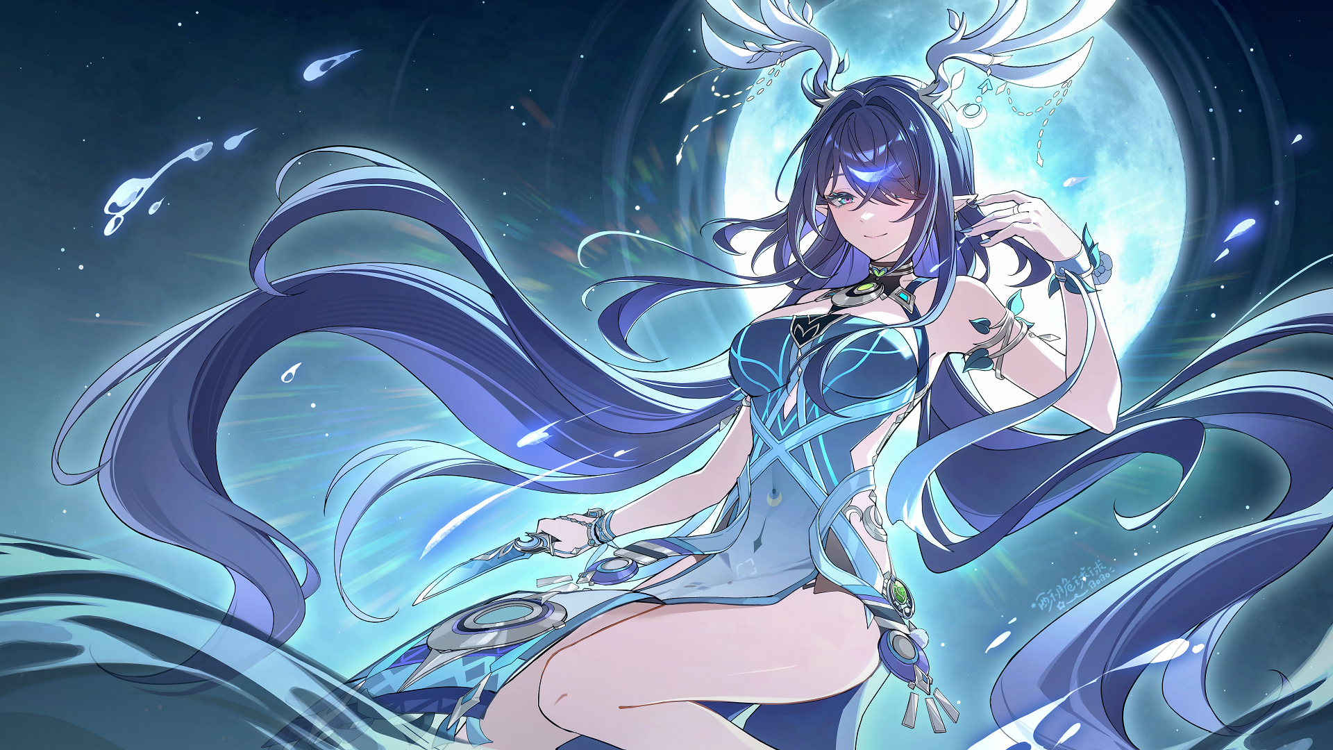 so zei tama tama, lauma (genshin impact), genshin impact, commentary request, highres, 1girl, antlers, aqua eyes, bare shoulders, blue dress, blue nails, breasts, closed mouth, covered navel, deer antlers, dress, feet out of frame, fingernails, full moon, hair intakes, hair over one eye, hand up, horns, large breasts, long hair, looking at viewer, moon, nail polish, orange eyes, pointy ears, purple hair, sidelocks, smile, solo, thighs, very long hair