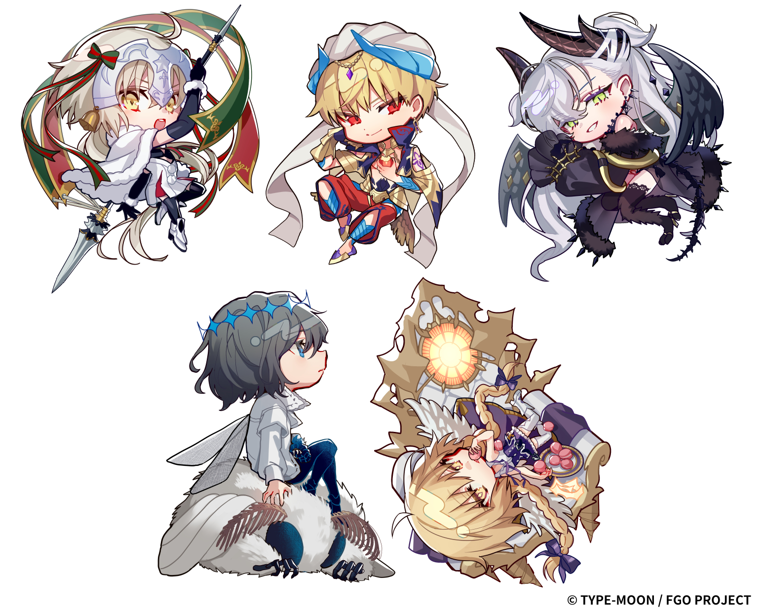 mebaru, blanca (fate), gilgamesh, gilgamesh (caster) (fate), gilgamesh (fate), jeanne d'arc (fate), jeanne d'arc alter santa lily (fate), lilith (fate), lilith (third ascension) (fate), metatron jeanne (fate), metatron jeanne (first ascension) (fate), oberon (fate), oberon (third ascension) (fate), fate/grand order, fate (series), commentary request, highres, official art, 2boys, 3girls, ahoge, angel wings, animal feet, arthropod boy, arthropod limbs, babydoll, bell, black babydoll, black gloves, black thighhighs, black wings, blonde hair, blue eyes, blue pants, boots, bow, braid, bug, capelet, chair, chibi, chibi only, closed mouth, clothing cutout, company name, copyright name, copyright notice, crown, demon girl, demon horns, dragonfly wings, dress, ear piercing, earrings, eating, elbow gloves, feathered wings, food, fur-trimmed capelet, fur trim, fur wrist cuffs, gauntlets, gloves, gold earrings, green eyes, green ribbon, grey hair, hair between eyes, hair bow, hair ribbon, head chain, head rest, headpiece, holding, holding food, holding polearm, holding weapon, horns, insect, jewelry, long hair, long sleeves, looking ahead, looking at viewer, lying, macaron, moth, multiple boys, multiple girls, neck ribbon, neck ring, off shoulder, on back, on chair, on side, open mouth, oversized bug, pants, parted lips, piercing, plate, polearm, puffy long sleeves, puffy sleeves, purple bow, purple ribbon, purple shorts, red eyes, red pants, red ribbon, ribbon, sandals, shirt, shorts, shoulder cutout, shoulder tattoo, simple background, sitting, sitting on animal, sleeveless, sleeveless dress, sleeveless shirt, sleeves past fingers, sleeves past wrists, slit pupils, smile, tattoo, teeth, thighhighs, turban, twin braids, two-tone ribbon, unworn crown, upper teeth only, weapon, white background, white boots, white capelet, white dress, white shirt, white thighhighs, white wings, wings, wrist cuffs, yellow eyes