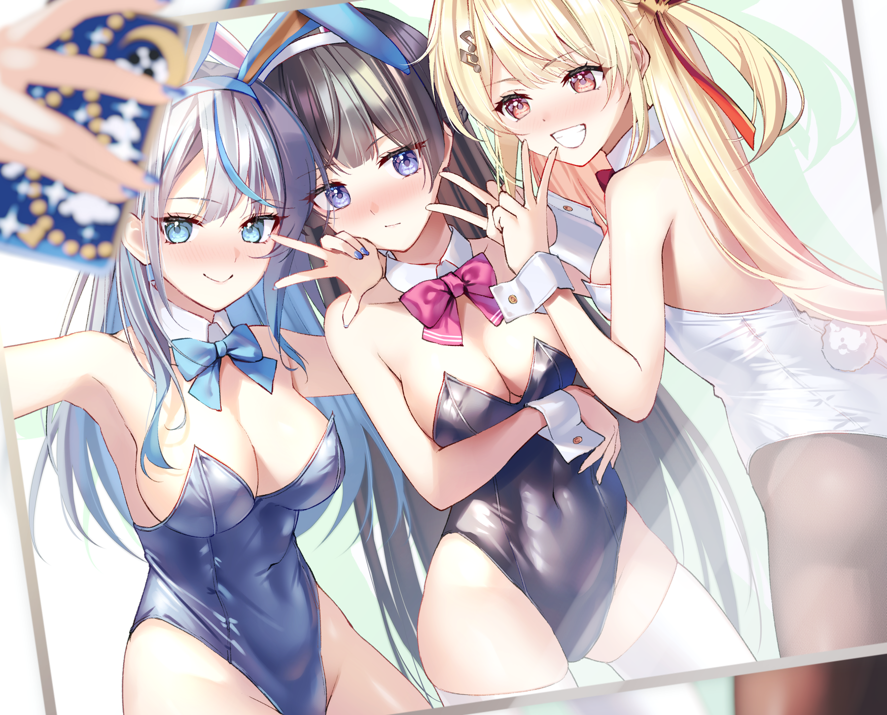 cuckoo ki, amagai ruka, otonose kanade, tsukino mito, hololive, nijisanji, weather planet, commission, highres, pixiv commission, animal ear hairband, animal ears, black hair, black leotard, blonde hair, blue bow, blue bowtie, blue eyes, blue hair, blue leotard, bow, bowtie, breasts, cleavage, closed eyes, cowboy shot, crossover, detached collar, fake animal ears, grey hair, grin, hairband, leotard, medium breasts, multicolored hair, pantyhose, photo (object), playboy bunny, rabbit ears, rabbit tail, red bow, red bowtie, red eyes, selfie, smile, strapless, strapless leotard, streaked hair, tail, two side up, virtual youtuber, white leotard, wrist cuffs