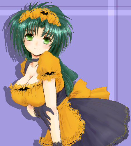 yagisaka seto, jochuu-san, original, lowres, md5 mismatch, 1girl, breasts, cleavage, female focus, gloves, green hair, halloween, maid, oekaki, solo