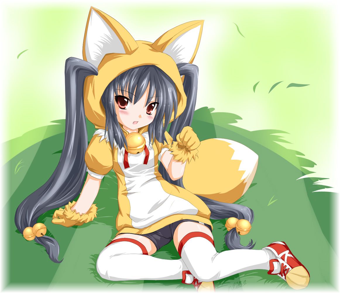 kazami karasu, kooh (pangya), pangya, 1girl, animal ears, cosplay, costume, female focus, fox, fox ears, fox tail, long hair, red eyes, solo, tail, thighhighs, twintails