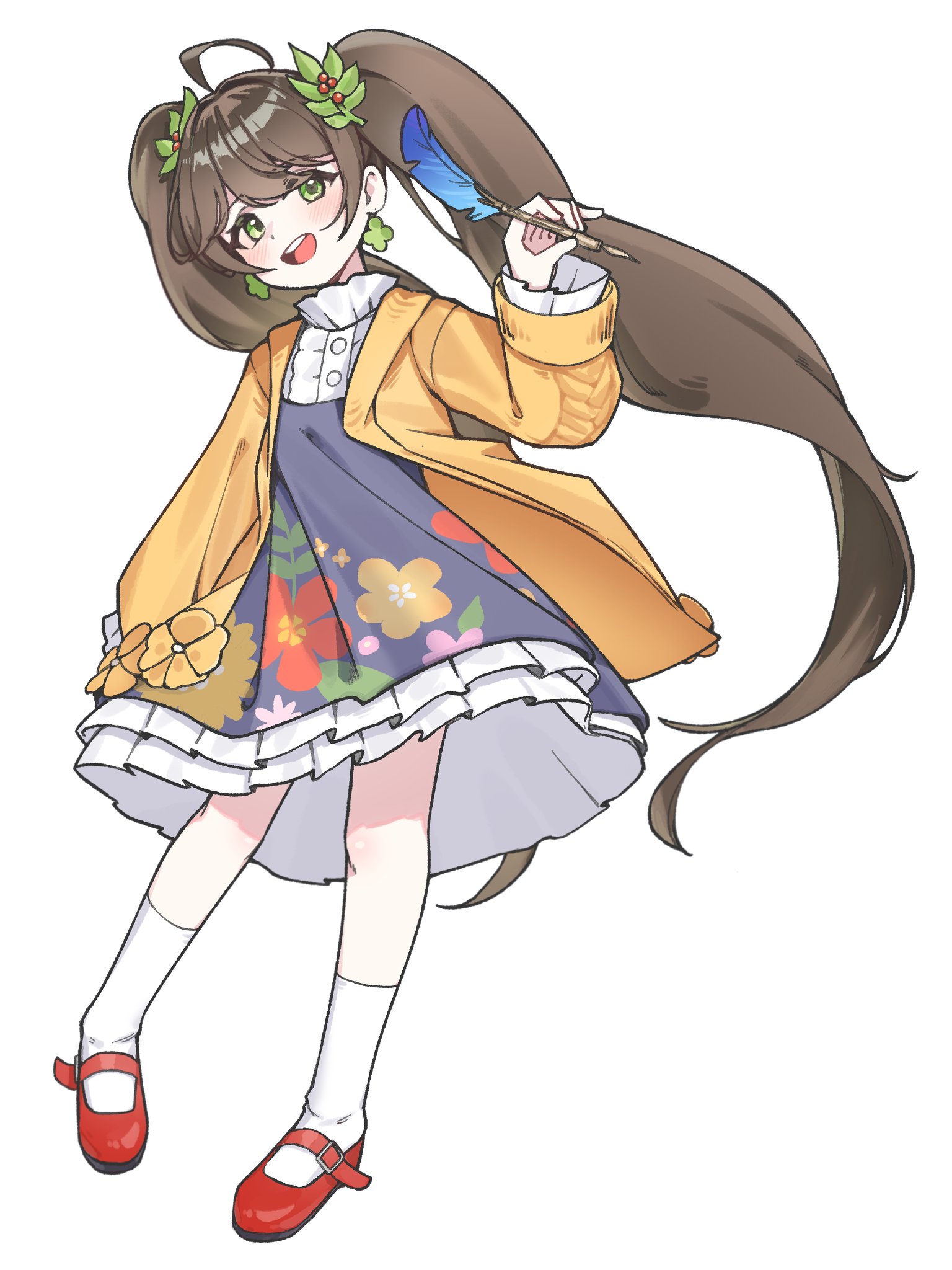 jambujok, gweon sua, black survival, eternal return: black survival, highres, 1girl, aged down, ahoge, ankle socks, blue dress, brown hair, cardigan, clover earrings, dress, earrings, facing viewer, flat chest, floral print, frilled dress, frills, green eyes, hair ornament, holding, holding quill, jacket, jewelry, light blush, long hair, long sleeves, looking at viewer, mistletoe hair ornament, open clothes, open jacket, open mouth, orange cardigan, quill, red shoes, shoes, simple background, socks, solo, swept bangs, teeth, twintails, upper teeth only, very long hair, white background, white socks