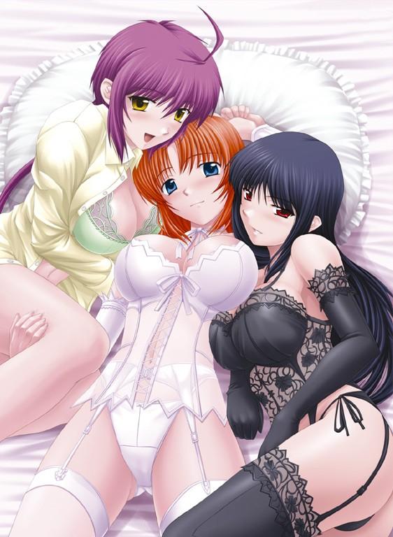 shironeko sanbou, hiiragi kaname, hiiragi tomoe, inugami honami, tomo-nee, nee chanto shiyou yo!, nee chanto shiyou yo! 2, lace-trimmed legwear, white legwear, 00s, 3girls, blouse, bra, breasts, corset, elbow gloves, frilled pillow, frills, garter belt, gloves, huge breasts, lace, lace trim, large breasts, lingerie, long hair, multiple girls, open clothes, open shirt, panties, pillow, shirt, thighhighs, underwear