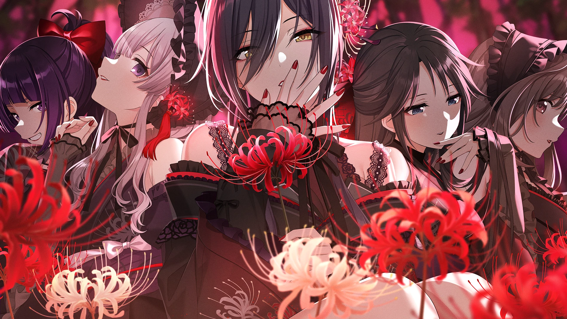l'antica (idolmaster), mitsumine yuika, shirase sakuya, tanaka mamimi, tsukioka kogane, yukoku kiriko, idolmaster, idolmaster shiny colors, idolmaster shiny colors song for prism, game cg, official art, 5girls, blue eyes, bonnet, brown hair, flower, grey hair, grin, multiple girls, nail polish, purple eyes, purple hair, smile, spider lily, yellow eyes