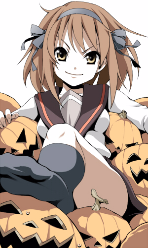 maskman, suzumiya haruhi, suzumiya haruhi no yuuutsu, lowres, 00s, 1girl, feet, female focus, goth fashion, halloween, jack-o'-lantern, pumpkin, socks, solo, white background