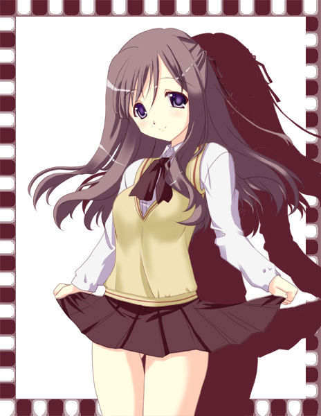 miyazaki miyako, bamboo blade, 00s, 1girl, clothes lift, female focus, half updo, school uniform, serafuku, skirt, skirt lift, solo, sweater, sweater vest, thigh gap, thighs, vest