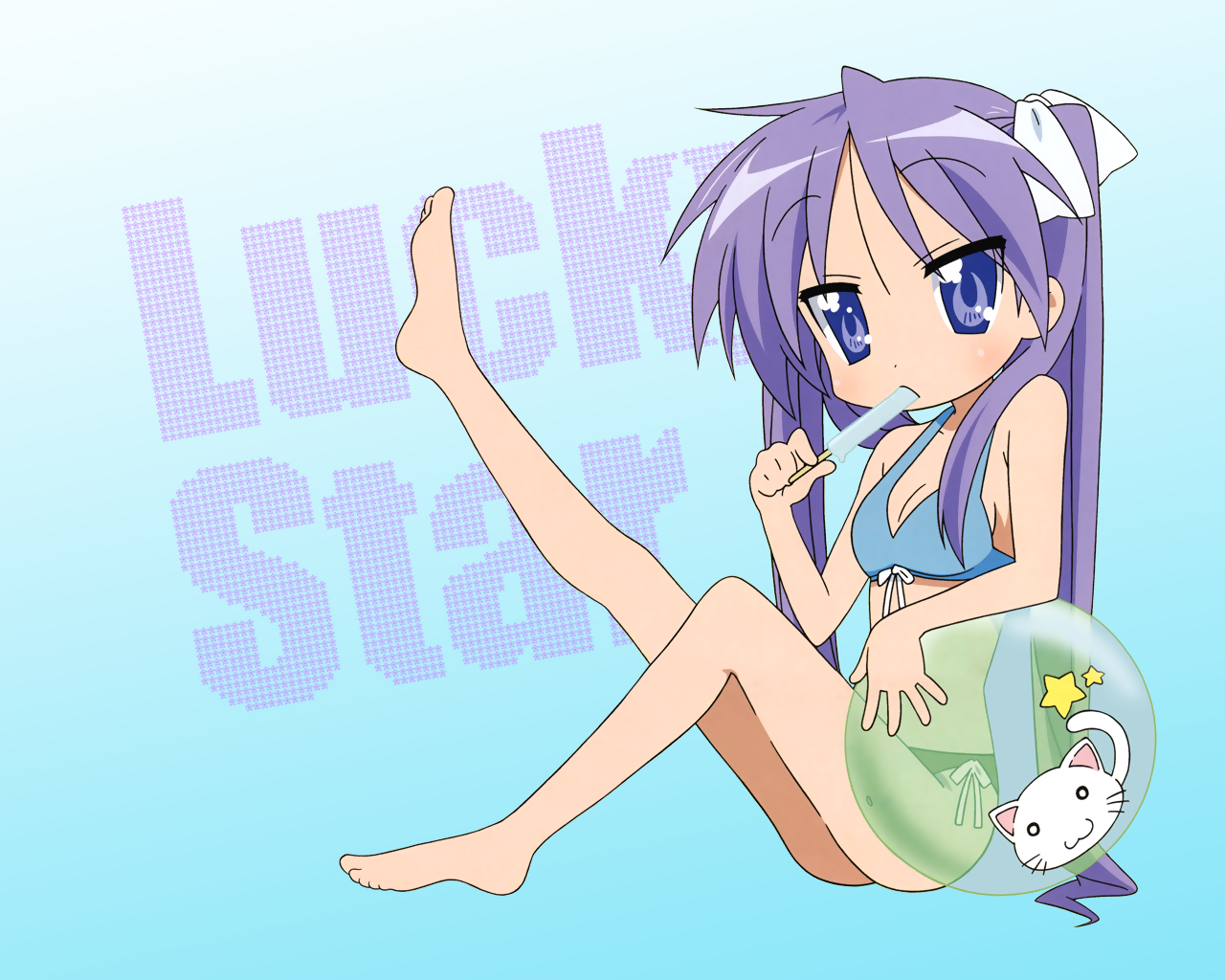 hiiragi kagami, lucky star, 00s, ball, barefoot, beachball, bikini, food, hair ribbon, long hair, popsicle, purple eyes, purple hair, ribbon, swimsuit, tsurime, twintails