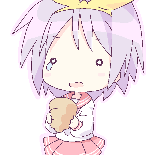 mirai (sugar), hiiragi tsukasa, lucky star, 00s, chibi, chocolate cornet, food, hair ribbon, o o, ribbon, solo, tears