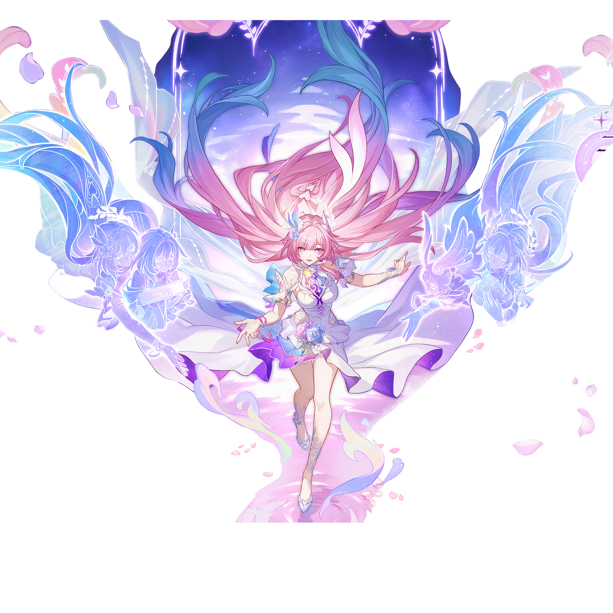 cyrene (honkai: star rail), mem (honkai: star rail), honkai: star rail, honkai (series), bad link, highres, official art, 1girl, armlet, bare shoulders, bracelet, breasts, bridal veil, cyrene (ripples of past reverie) (honkai: star rail), detached sleeves, diamond-shaped pupils, diamond (shape), dress, flower, full body, hair flower, hair intakes, hair ornament, halo, jewelry, large breasts, layered dress, long hair, multicolored hair, pink hair, pointy ears, purple eyes, ring, rose, smile, symbol-shaped pupils, transparent background, two-tone hair, veil, very long hair, wedding ring, white dress, white flower, white hair, white halo, white rose