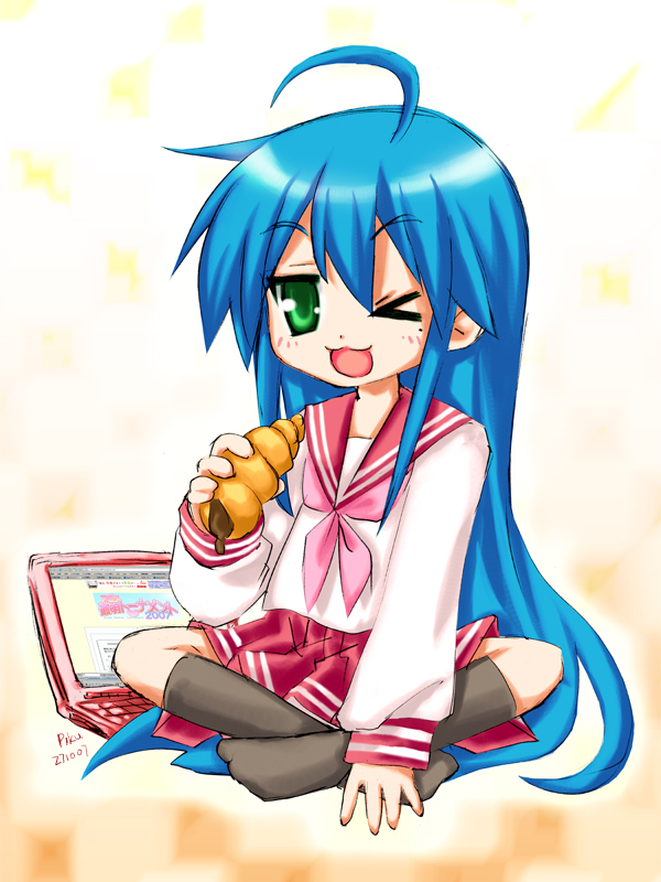 izumi konata, lucky star, 00s, 1girl, ahoge, black socks, blue hair, box, chocolate cornet, computer, computer keyboard, female focus, food, full body, green eyes, indian style, kneehighs, long hair, long sleeves, looking at viewer, mole, mole under eye, pleated skirt, red skirt, sailor collar, school uniform, serafuku, simple background, sitting, skirt, socks, solo, very long hair, yellow background