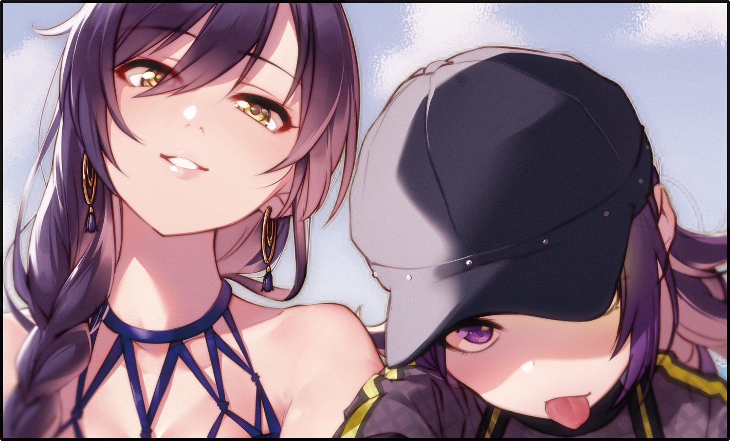 kakaobataa, shirase sakuya, tanaka mamimi, idolmaster, idolmaster shiny colors, 2girls, bare shoulders, black hat, earrings, hair over shoulder, hat, jewelry, looking at viewer, multiple girls, nostrils, one eye covered, purple eyes, purple hair, smile, tongue, tongue out, yellow eyes