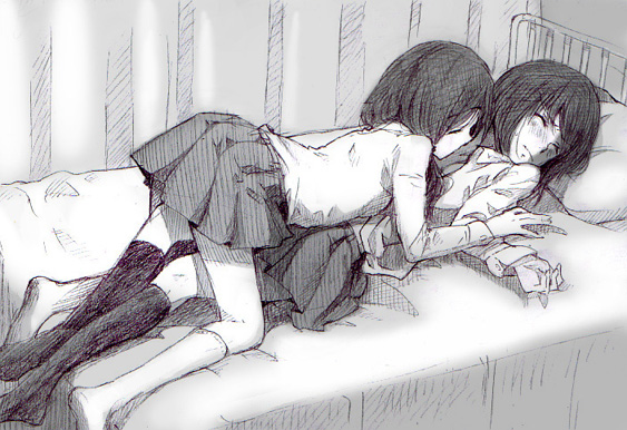 sato (99yen kin'itsu), 2girls, bed, closed eyes, greyscale, monochrome, multiple girls, pillow, school uniform, serafuku, socks, yuri