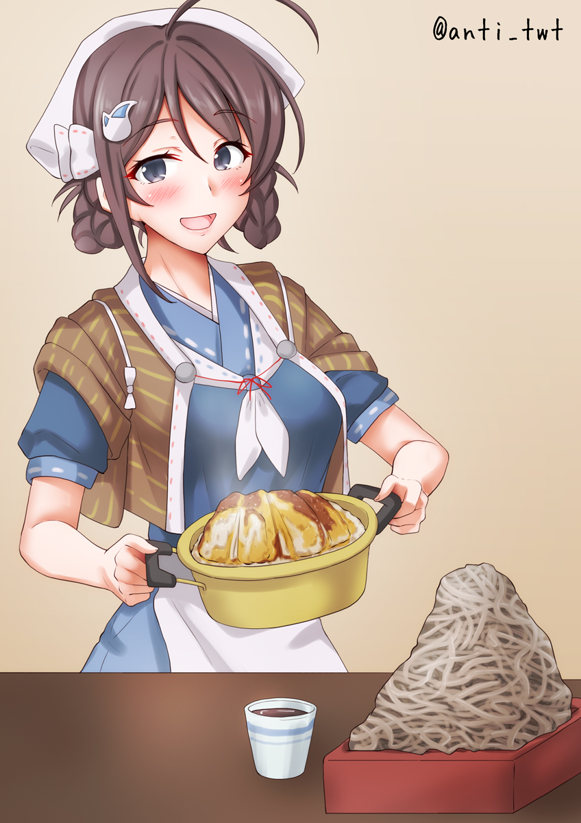 anti (untea9), chougei (kancolle), kantai collection, commentary request, highres, 1girl, apron, bandana, blue serafuku, blue skirt, bowl, braid, braided hair rings, brown hair, brown shawl, cooking pot, food, grey eyes, hair ornament, hair rings, long hair, looking at viewer, neckerchief, noodles, one-hour drawing challenge, school uniform, serafuku, shawl, skirt, solo, twin braids, udon, waist apron, whale hair ornament, white apron, white bandana, white neckerchief
