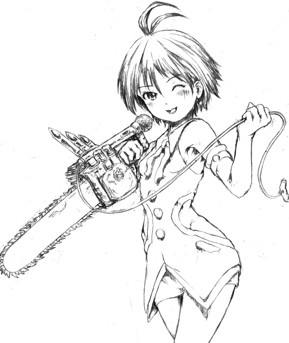 katzeh, kikuchi makoto, idolmaster, idolmaster (classic), idolmaster 1, 00s, 1girl, ahoge, androgynous, antenna hair, bare shoulders, chainsaw, cute & girly (idolmaster), dress, elbow gloves, female focus, gloves, greyscale, microphone, monochrome, one eye closed, short hair, sketch, solo, wink
