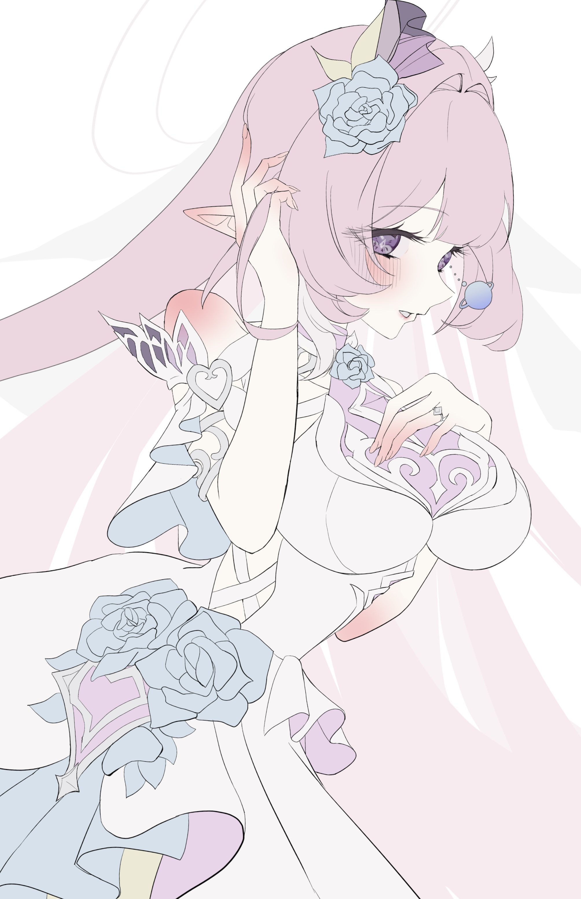 komay (okomay05me), cyrene (honkai: star rail), honkai: star rail, honkai (series), absurdres, commentary request, highres, 1girl, breasts, cyrene (ripples of past reverie) (honkai: star rail), diamond-shaped pupils, diamond (shape), earrings, flower, hair flower, hair ornament, halo, hand on own chest, jewelry, large breasts, long hair, pink hair, pointy ears, purple eyes, simple background, solo, symbol-shaped pupils, very long hair, white background