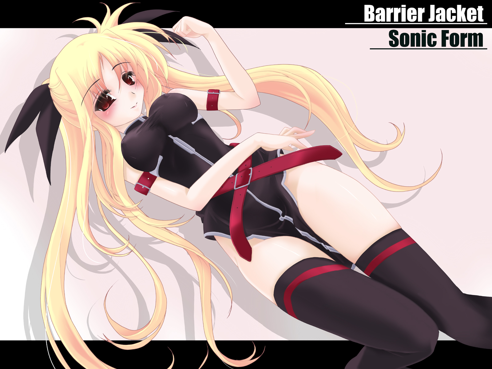 frapowa, fate testarossa, fate testarossa (true sonic form), lyrical nanoha, mahou shoujo lyrical nanoha, mahou shoujo lyrical nanoha strikers, highres, 00s, 1girl, arm belt, bare shoulders, belt, black dress, black ribbon, black thighhighs, blonde hair, blush, dress, dutch angle, female focus, hair ribbon, letterboxed, long hair, pink background, red eyes, ribbon, simple background, sleeveless, sleeveless dress, smile, solo, thighhighs, twintails, very long hair