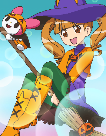 awa, my melody, yumeno uta, onegai my melody, sanrio, lowres, 00s, 1girl, broom, broom riding, female focus, halloween, hat, jack-o'-lantern, jaggy lines, oekaki, pantyhose, pumpkin, solo, witch, witch hat