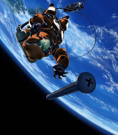 hoshino hachirouta, planetes, lowres, official art, 1boy, astronaut, cable, earth (planet), hoshino hatchirota, male focus, planet, screw, solo, space, spacesuit, zero gravity